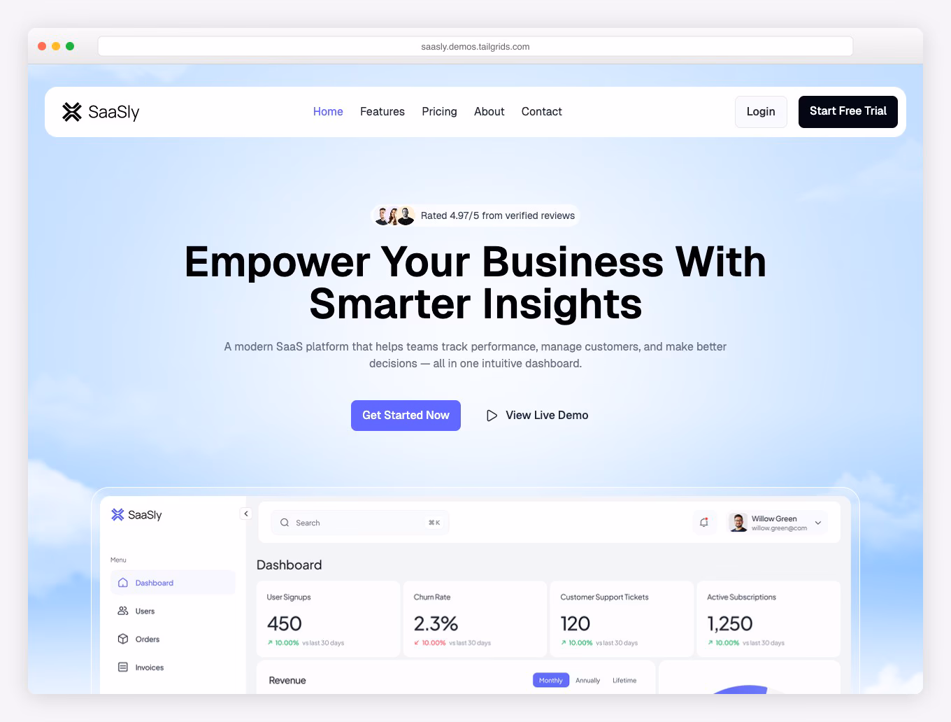 SaaSly - React SaaS Template from TailGrids with Pricing Tiers, Integration Highlights, and 600+ Components