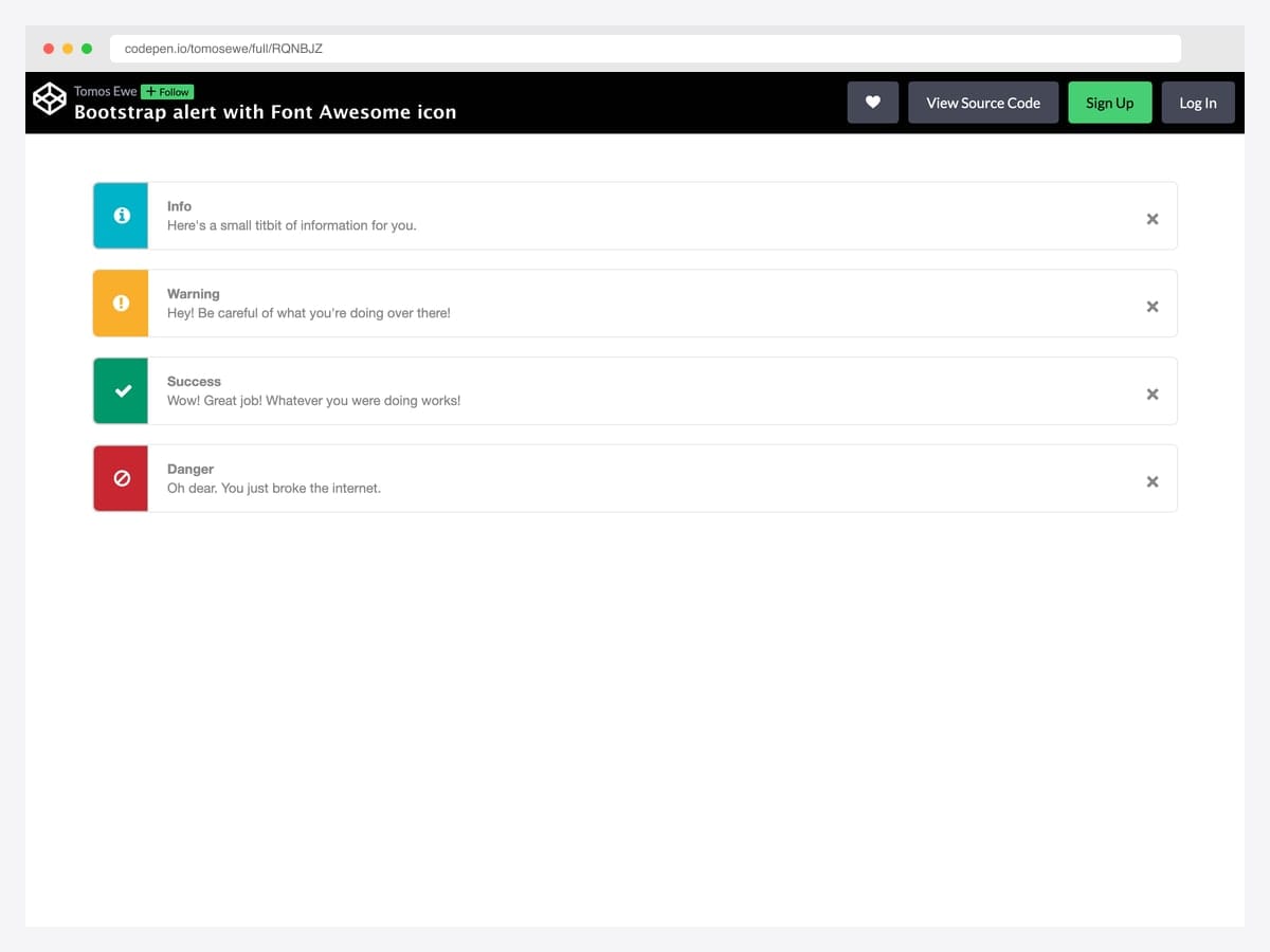 Four Bootstrap alerts with Font Awesome icons in colored squares on the left edge — Info, Warning, Success, and Danger states with dismiss buttons