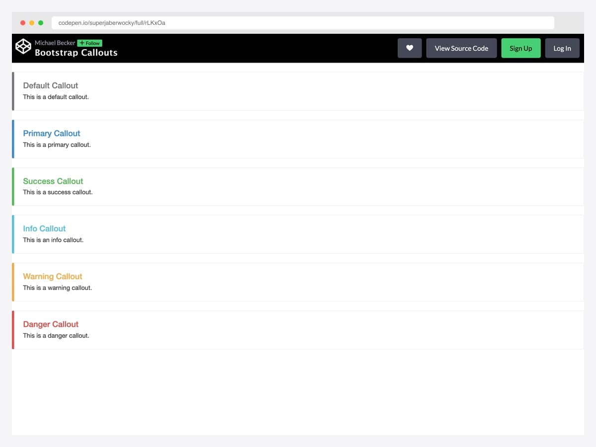 Bootstrap-docs-style callouts with thick colored left borders, neutral backgrounds, and contextual headings — default, primary, success, info, warning, and danger