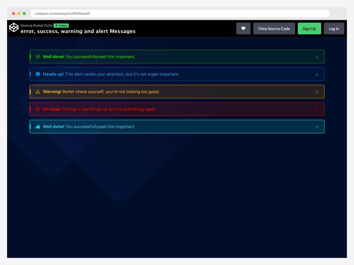 Five neon-glow card-style Bootstrap alerts on a dark navy background — 'Well done!', 'Heads up!', 'Warning!', 'Oh snap!', and a success variant with a thumbs-up icon