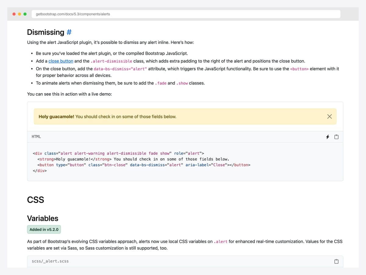Bootstrap 5 dismissible warning alert reading 'Holy guacamole! You should check in on some of those fields below.' with a close button and accompanying HTML code block