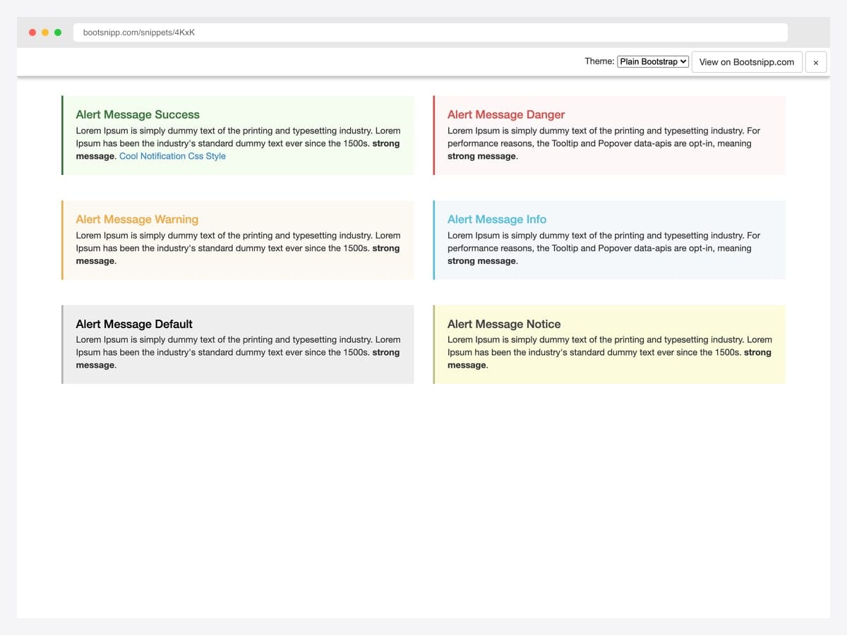 Six docs-style Bootstrap alert messages in a two-column grid — Success, Danger, Warning, Info, Default, and Notice — with 3px colored left borders and bold headings