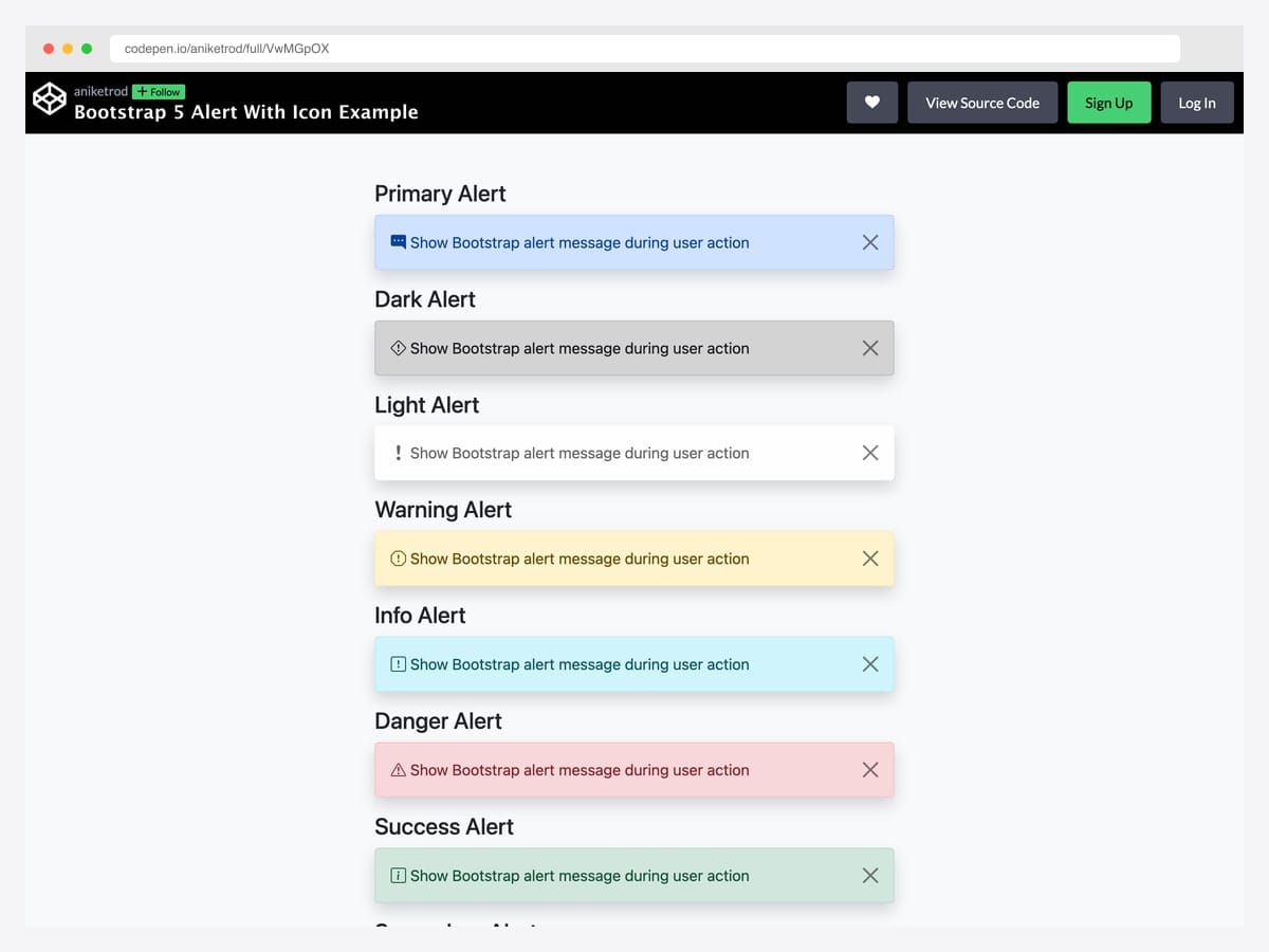 Bootstrap 5 alerts paired with Bootstrap Icons via CDN by Aniket Rod — Primary, Dark, Light, Warning, Info, Danger, and Success variants with dismiss buttons