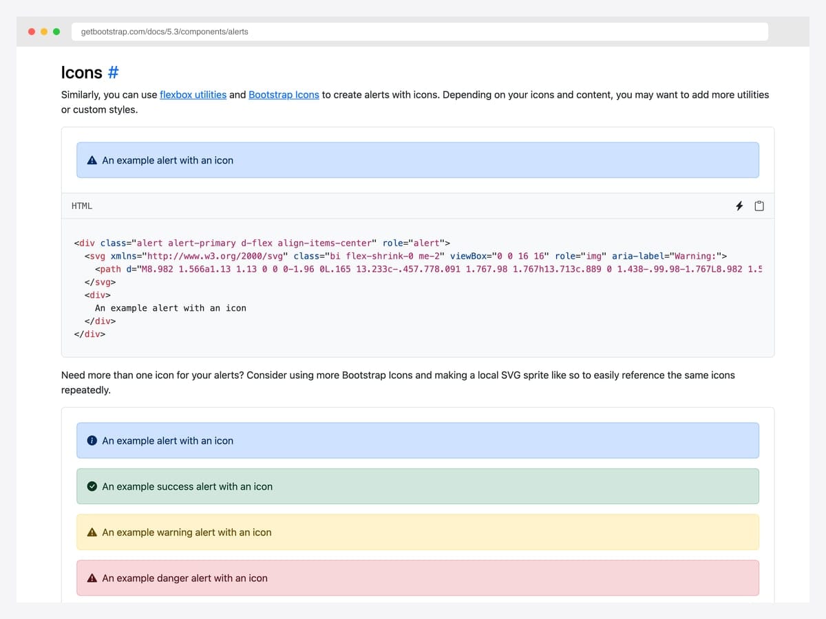 Bootstrap 5 alert with inline SVG sprite icon — 'An example alert with an icon' — plus an alert stack showing icon-paired primary, success, warning, and danger variants