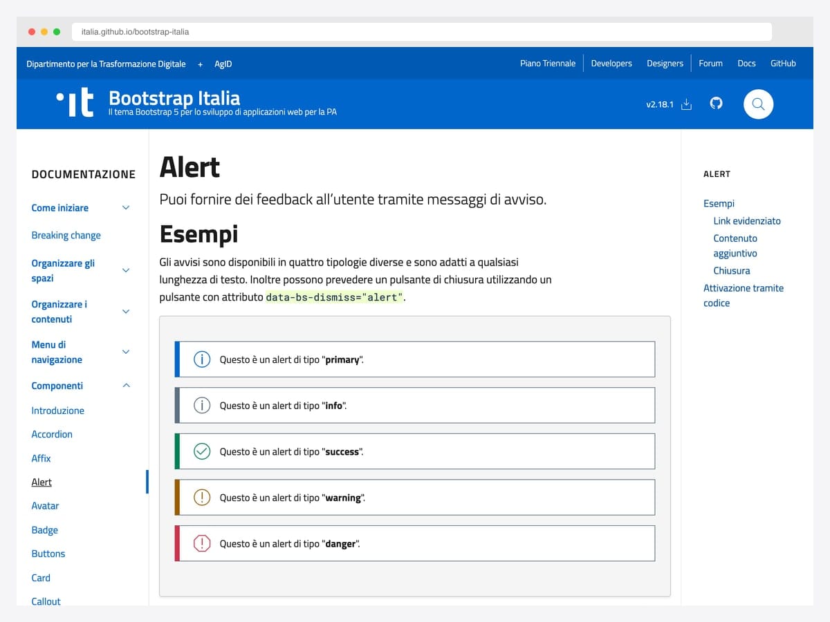 Bootstrap Italia government design system Alert documentation page showing five WCAG-compliant alert variants — primary, info, success, warning, and danger