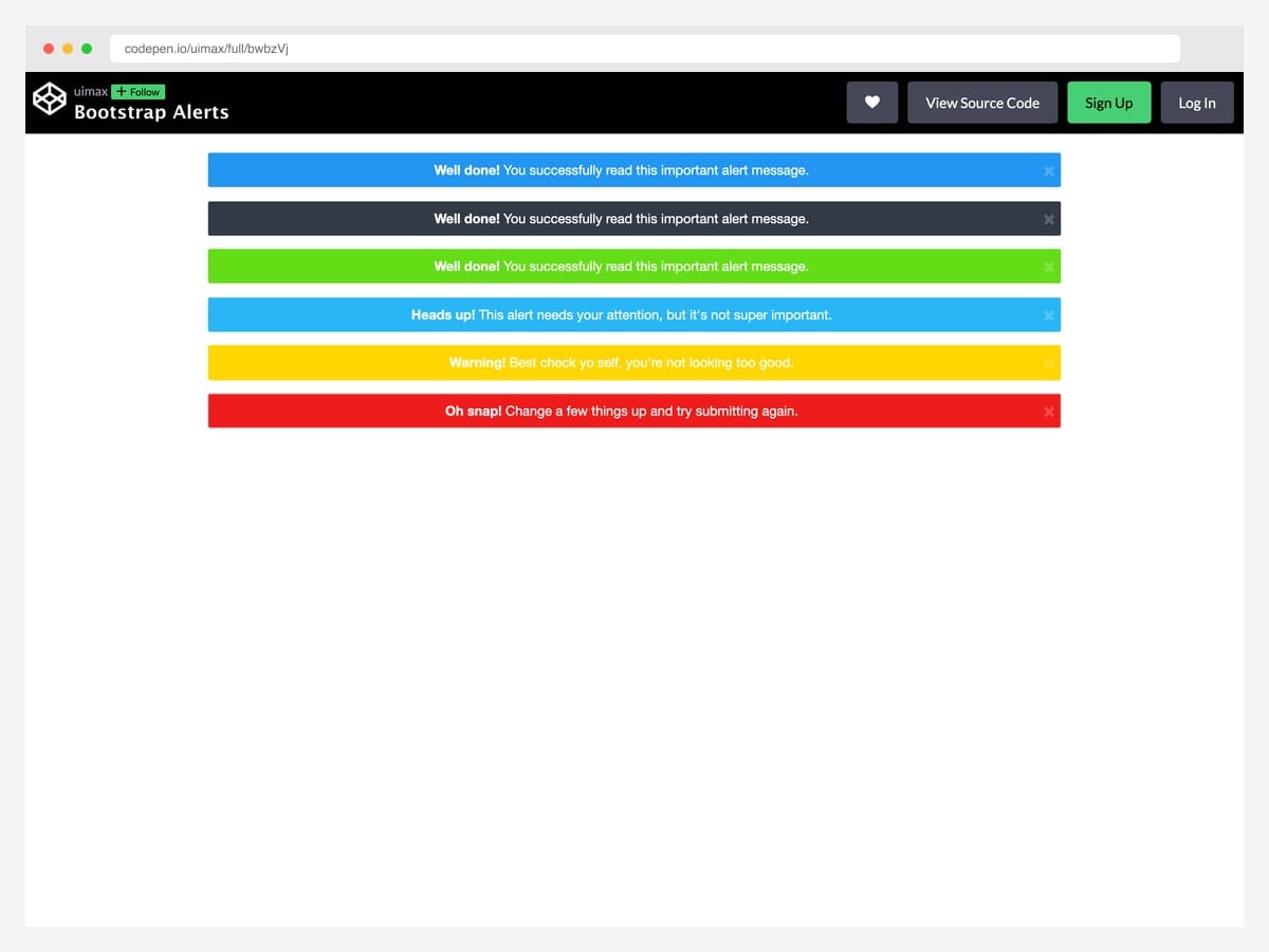 Six saturated Material-palette Bootstrap alerts by uimax with white text on bold contextual color backgrounds and dismiss buttons