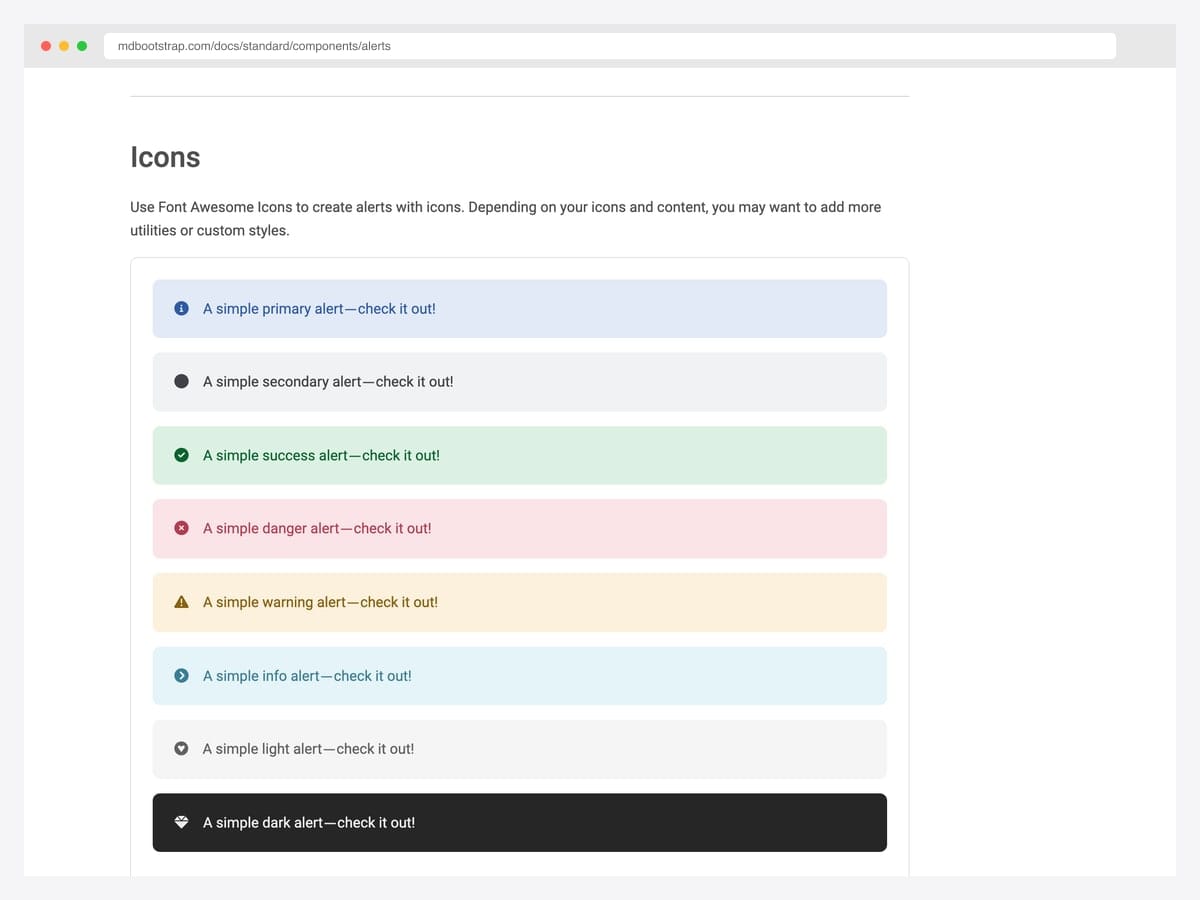MDBootstrap alerts paired with Font Awesome contextual icons — info-circle for primary, check-circle for success, exclamation-triangle for warning, times-circle for danger