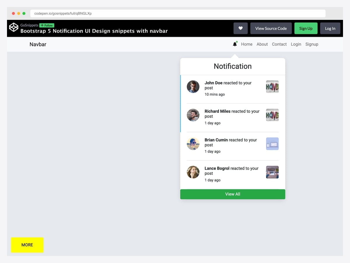 Bootstrap 5 notification dropdown panel attached to a navbar bell icon, listing four users with avatars, timestamps, and reaction copy