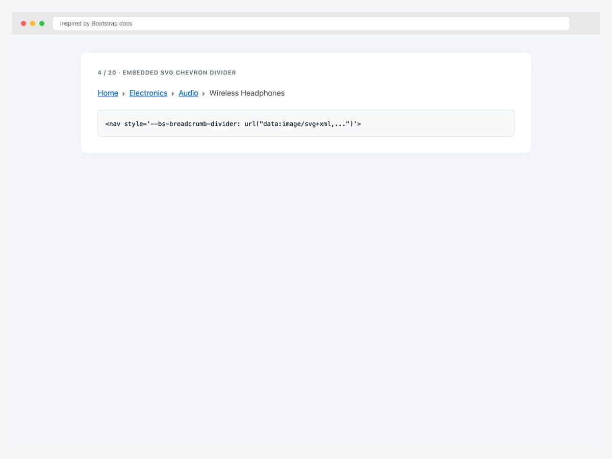 Bootstrap embedded SVG chevron breadcrumb — data-URI chevron divider on --bs-breadcrumb-divider without any icon font dependency