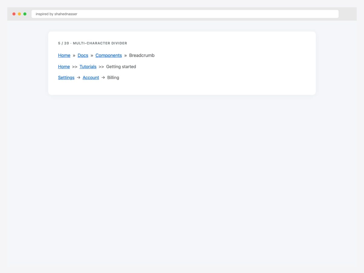 Bootstrap breadcrumb with double-arrow divider — chevron right-pointing double angle quotes as separator with three variations