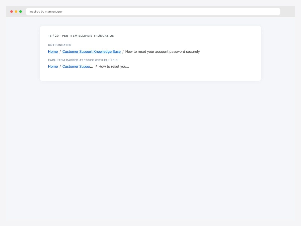 Bootstrap breadcrumb with per-item text-overflow ellipsis — untruncated and truncated versions side-by-side showing 160px cap