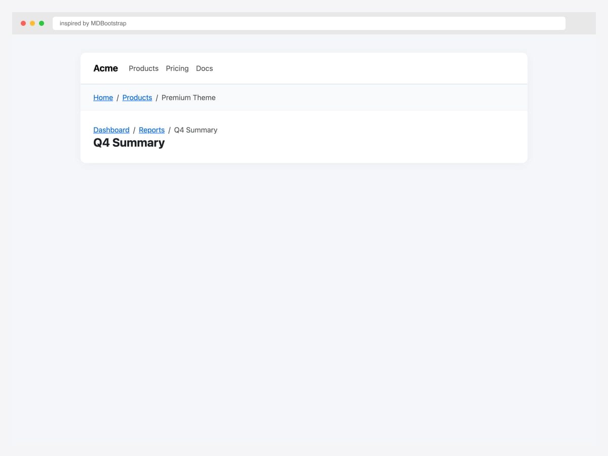 Bootstrap breadcrumb inside navbar and dashboard header — three escalating depths from simple to dashboard page-title context