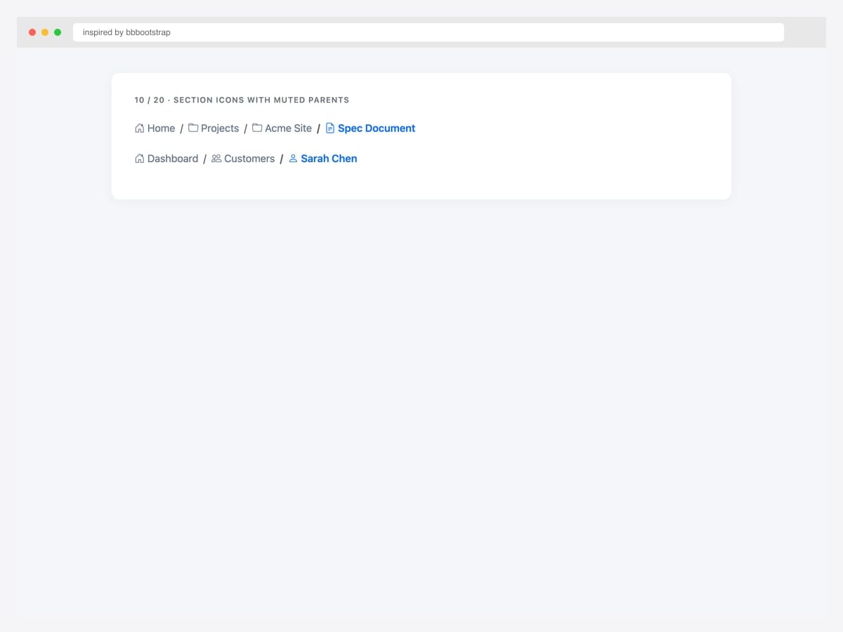 Bootstrap breadcrumb with section icons and muted parent crumbs — home and folder icons with text-muted styling, primary-color active item