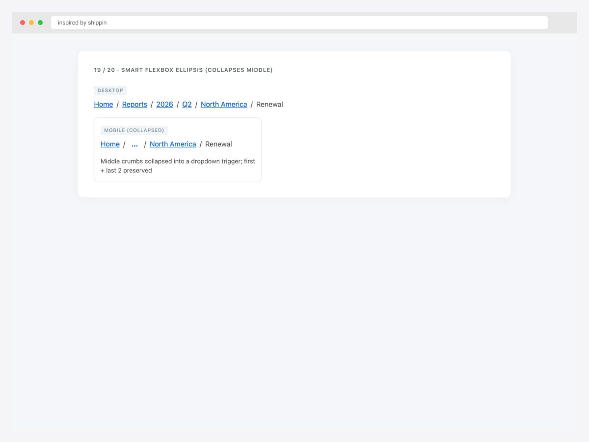 Bootstrap smart flexbox ellipsis breadcrumb — desktop showing all crumbs vs mobile collapsing middle into an ellipsis dropdown