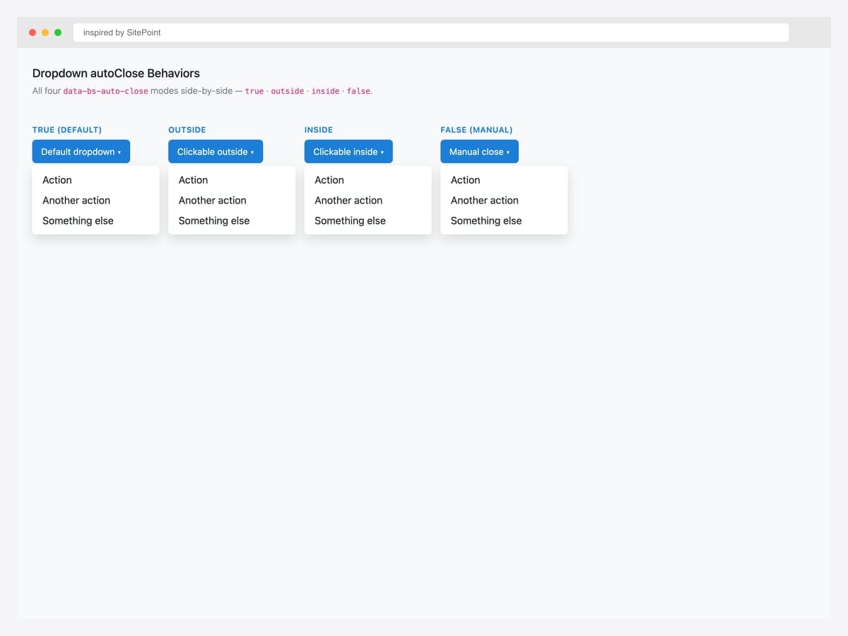 Four Bootstrap 5 dropdowns side-by-side demonstrating each data-bs-auto-close mode — true (default), outside, inside, false (manual)