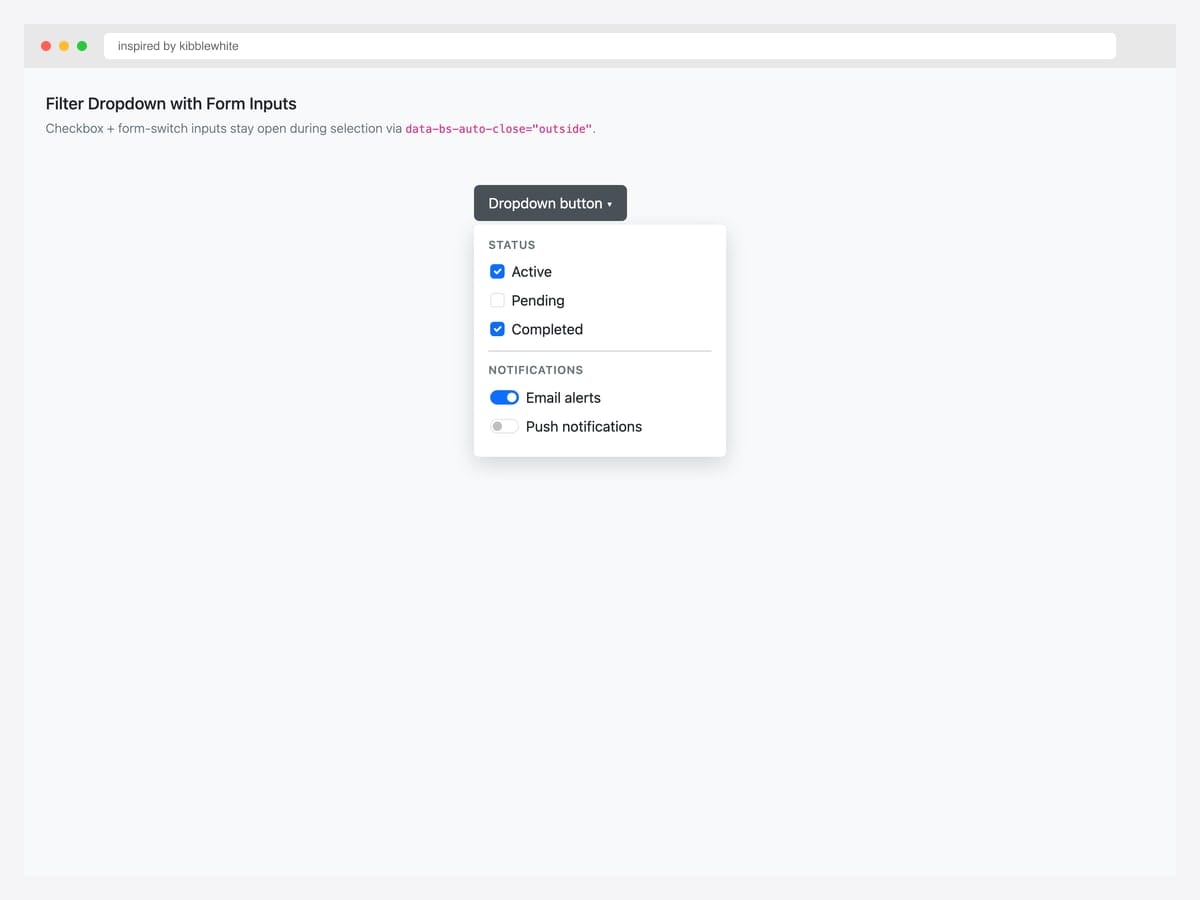 Filter dropdown with Status checkboxes (Active, Pending, Completed) and Notifications form switches (Email alerts, Push) — auto-close=outside pattern