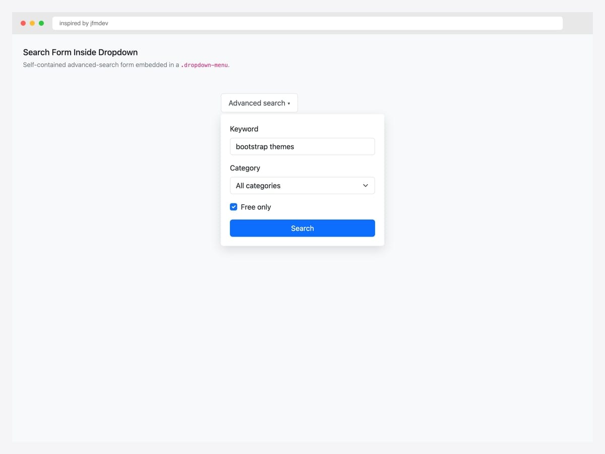 Bootstrap 5 dropdown containing an advanced search form with keyword input, category select, free-only checkbox, and Search button