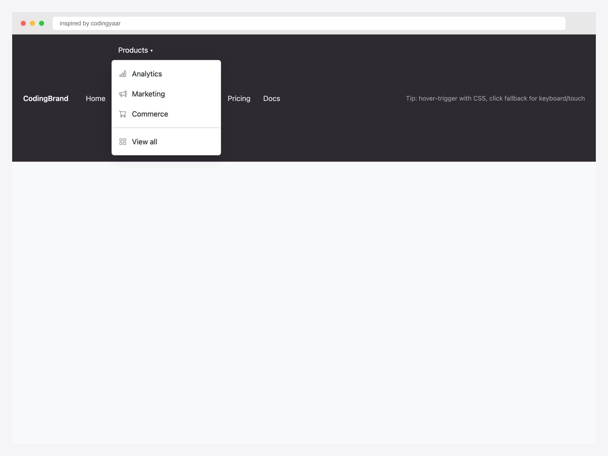 Bootstrap 5 dark navbar with a Products dropdown open showing Analytics, Marketing, and Commerce items with Bootstrap Icons