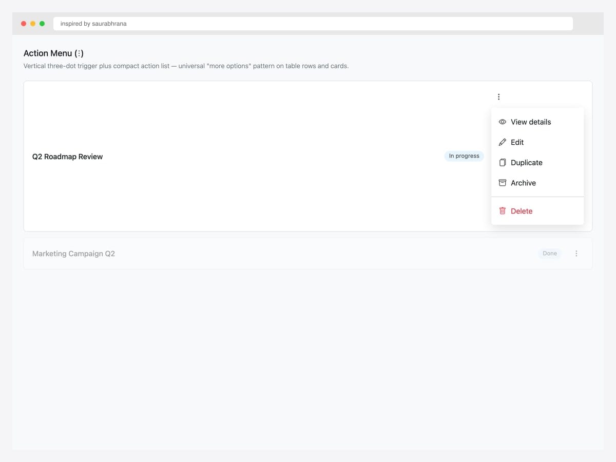 Three-dots kebab action menu on a task row — View details, Edit, Duplicate, Archive, and Delete options in a compact Bootstrap 5 dropdown