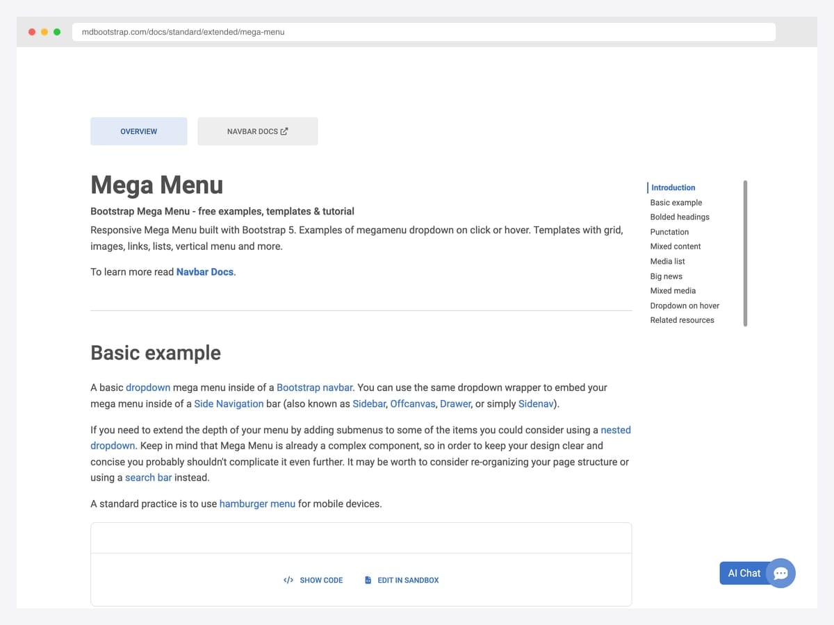 MDBootstrap mega menu documentation page introducing the responsive multi-column dropdown built on Bootstrap 5