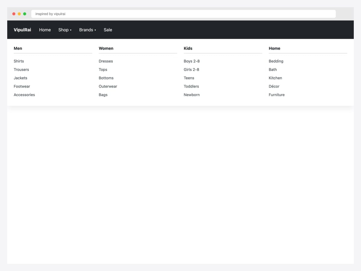Multi-column mega menu with four product categories (Men, Women, Kids, Home) — each column lists five subcategories with hover-blue links