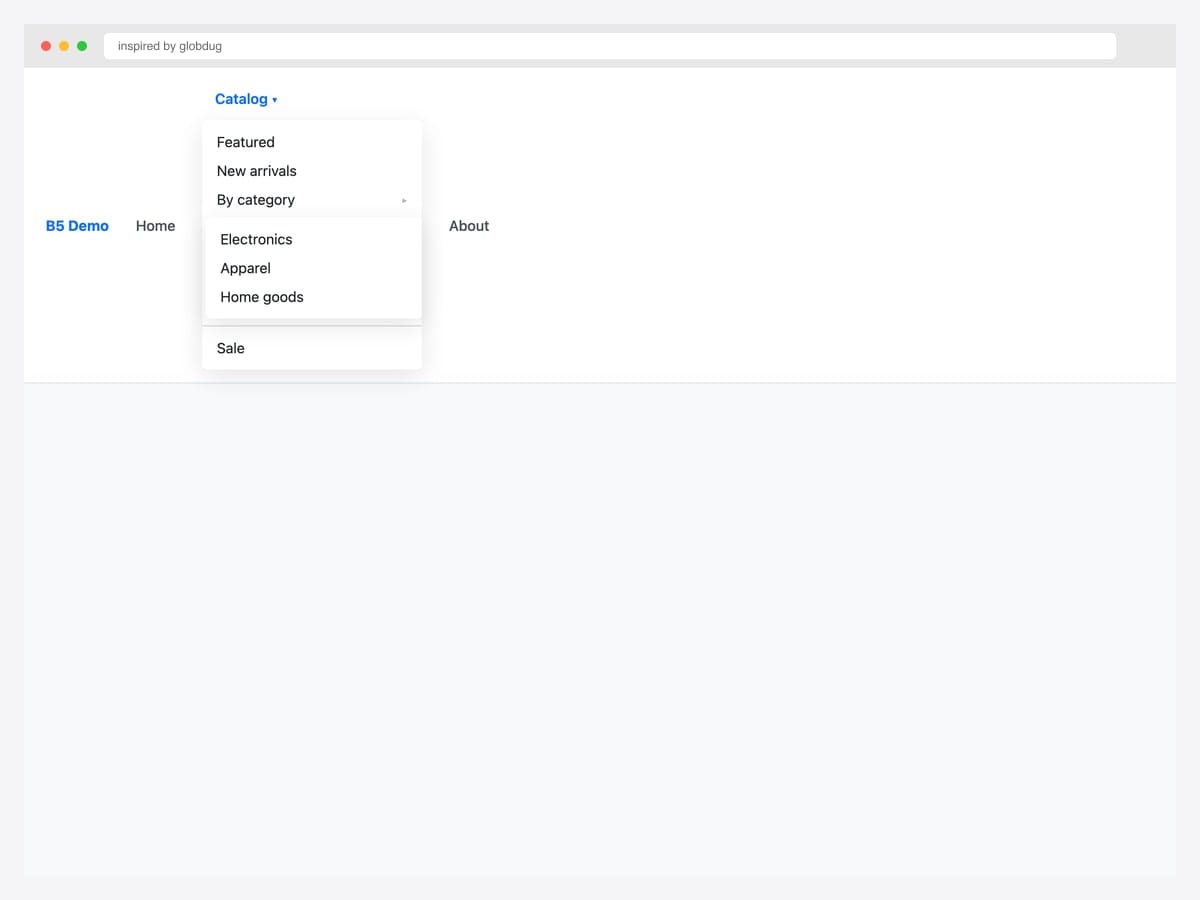 Bootstrap 5 navbar with a Catalog dropdown showing nested By Category submenu opening to the right with arrow indicators