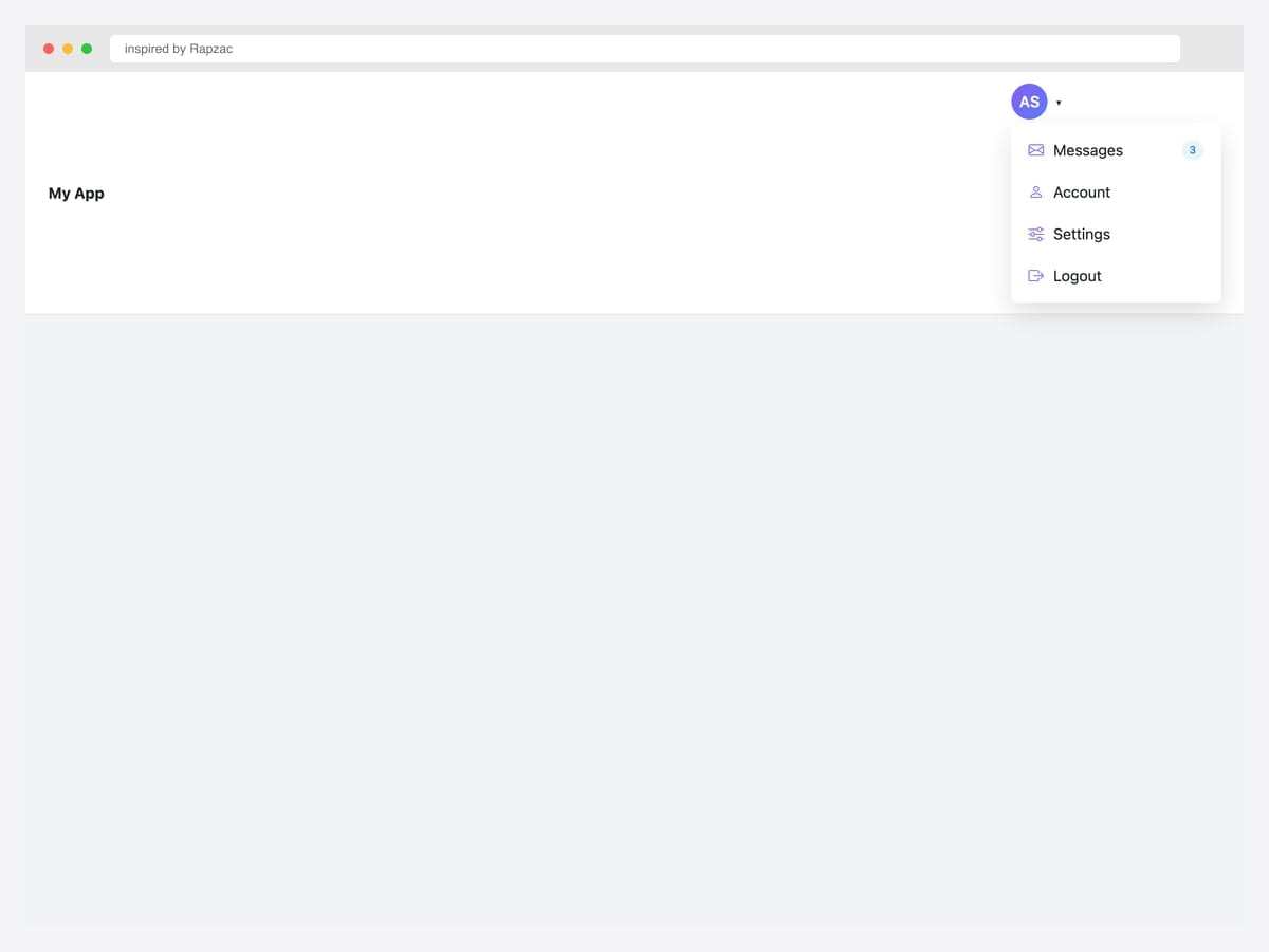 White navbar with an animated profile dropdown showing Messages with badge, Account, Settings, and Logout — purple accent color