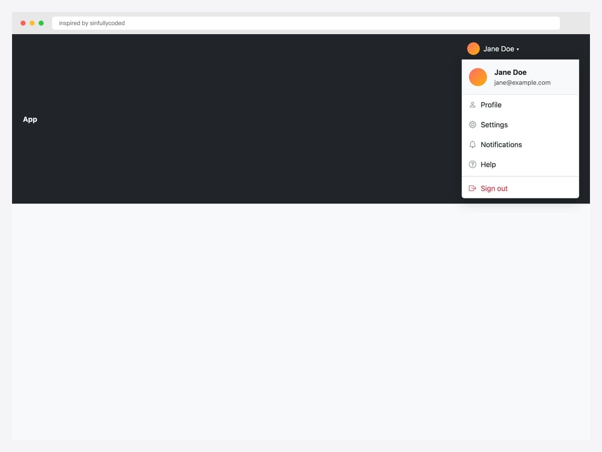 Bootstrap user profile dropdown attached to a dark navbar — avatar, Jane Doe header with email, Profile, Settings, Notifications, Help, Sign out