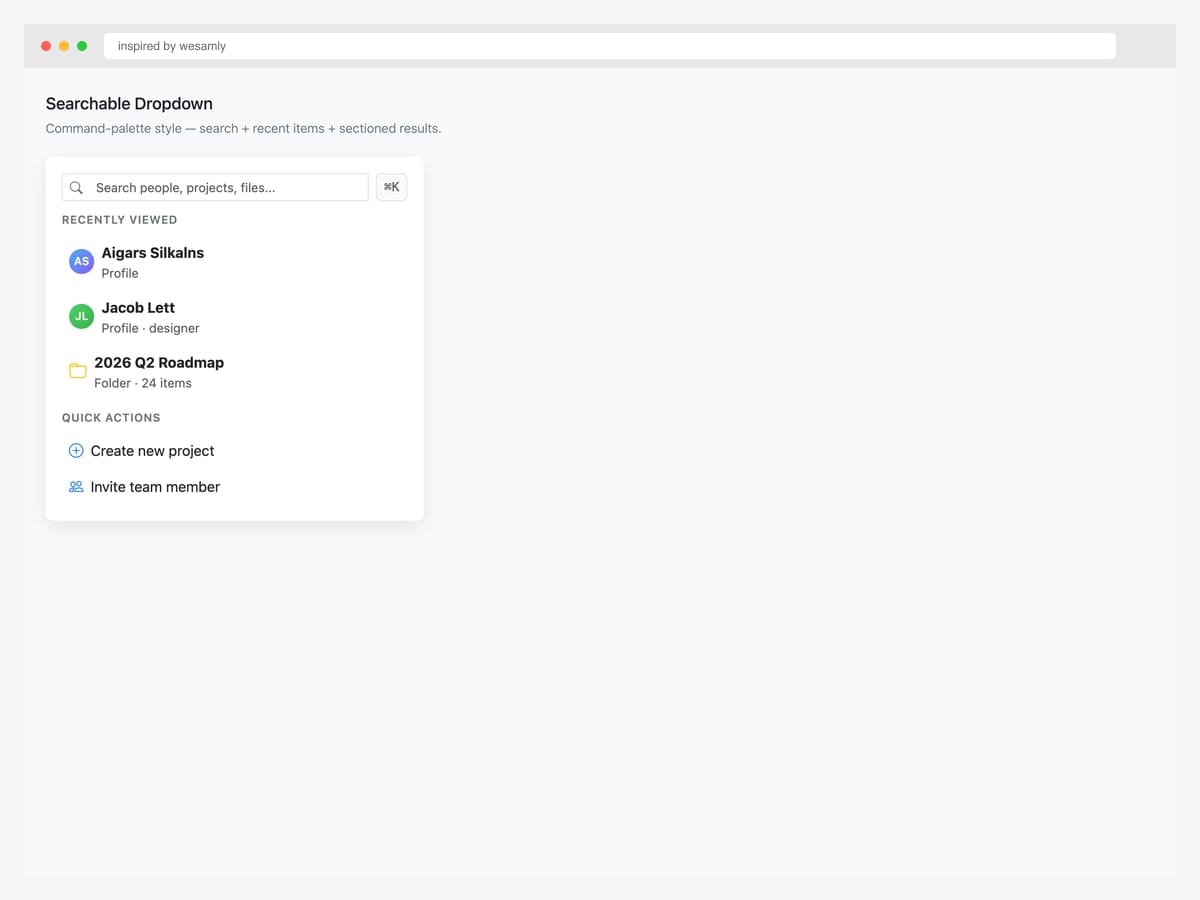 Searchable command-palette dropdown with a search input, recently viewed people and folders, and quick action buttons in Bootstrap 5.3