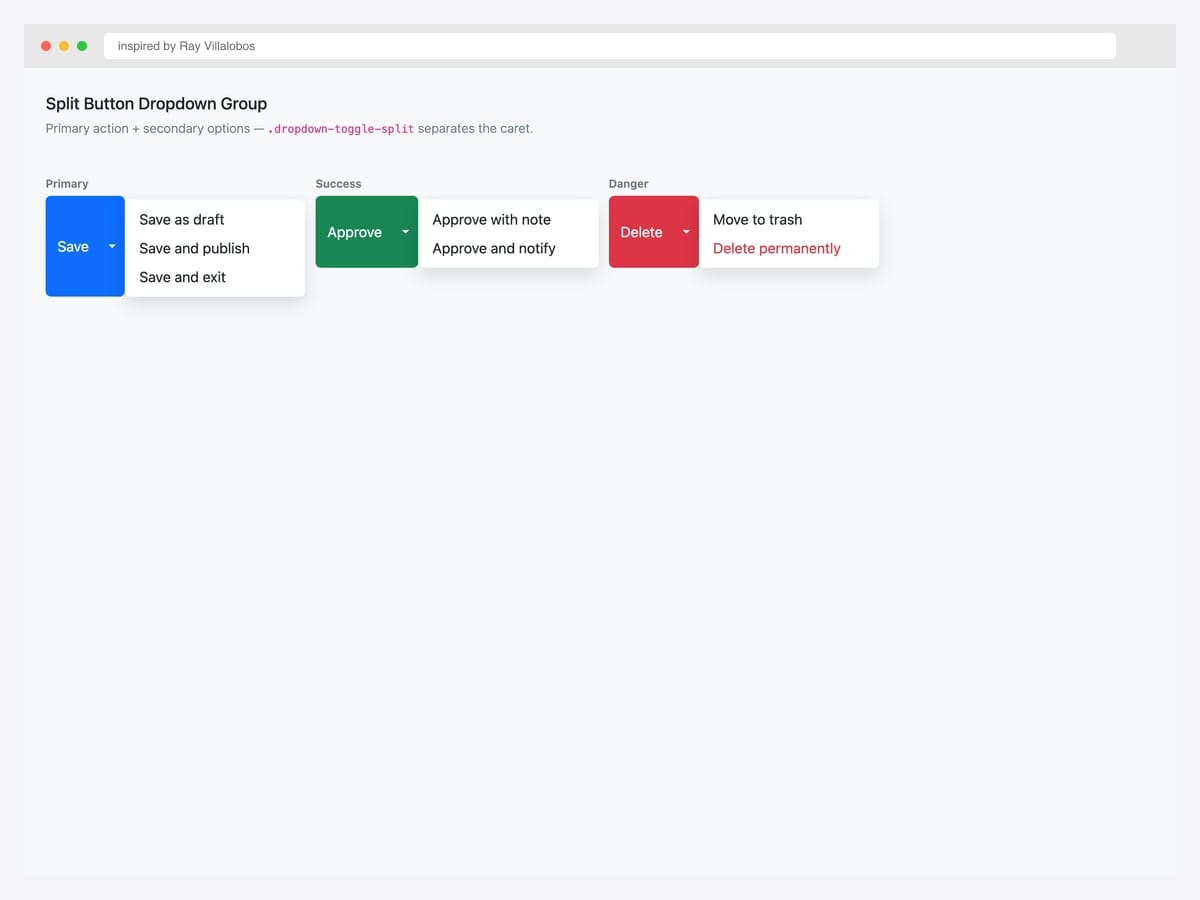 Three split-button dropdown groups in Bootstrap 5 contextual variants — Primary (Save), Success (Approve), and Danger (Delete) — with caret toggle and action menu