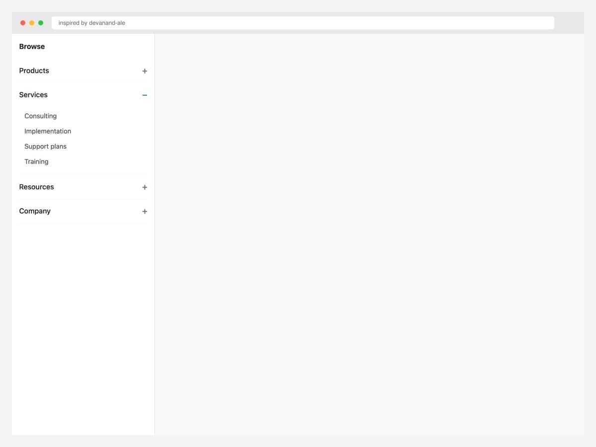 Nested accordion drawer — Browse menu with Products, Services (open showing 4 items), Resources, Company sections
