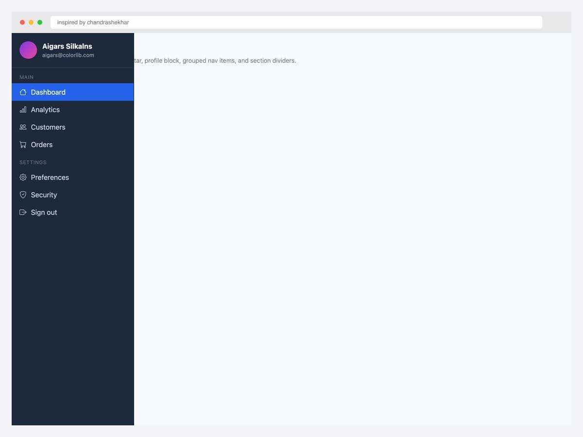 Admin sidebar with avatar — dark drawer with Aigars Silkalns profile, Main section (Dashboard active, Analytics, Customers, Orders), Settings section