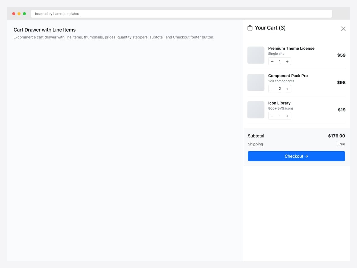Cart drawer with three line items — Premium Theme, Component Pack Pro, Icon Library — qty steppers and $176 Checkout footer