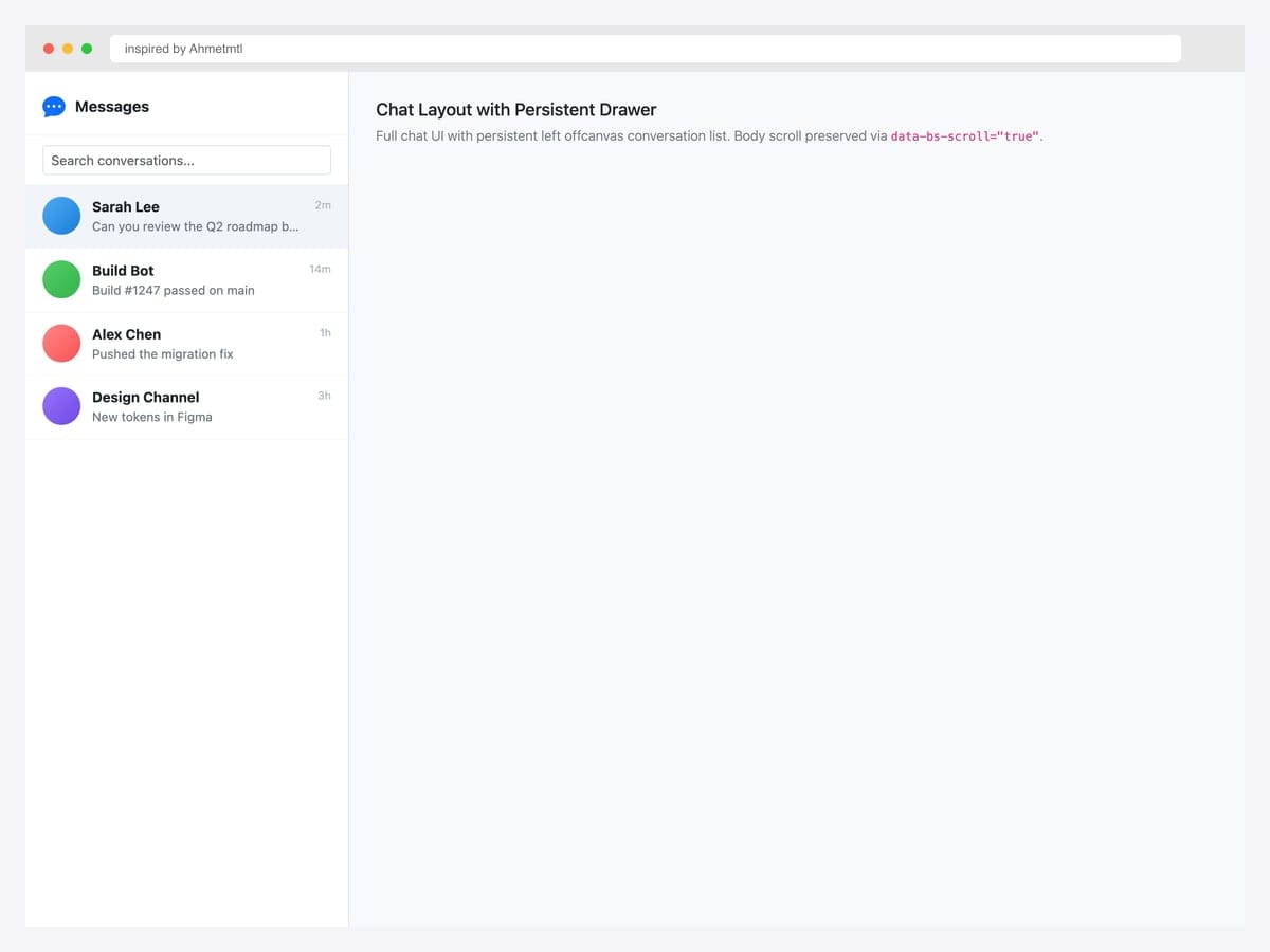 Chat layout with persistent left offcanvas — Messages header, search input, four conversation rows with avatars and timestamps
