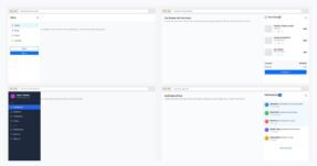 Grid of four free Bootstrap offcanvas examples — mobile drawer navigation, e-commerce cart drawer, dark admin sidebar with profile, and notifications panel
