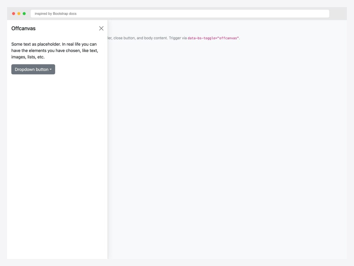 Bootstrap 5 live offcanvas — left drawer with header, close button, body text, and dropdown placeholder