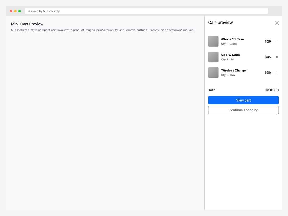 Mini-cart preview — three product line items with prices, quantity, remove buttons, $113 total, View cart and Continue shopping buttons