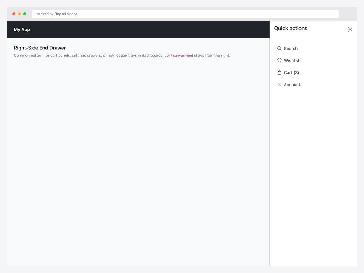 Right-side end drawer — dark top navbar with hamburger trigger, drawer showing Search, Wishlist, Cart, Account quick actions
