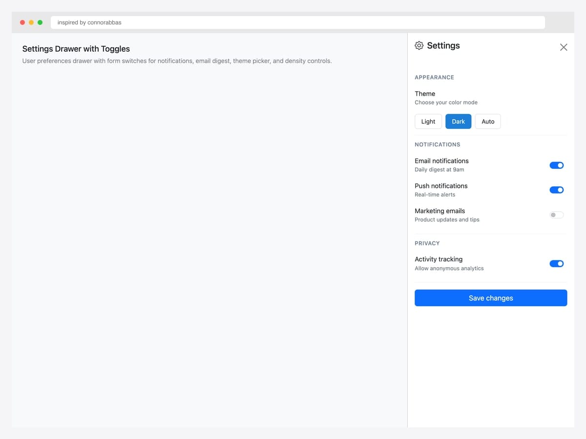 Settings drawer with toggle switches — Appearance theme picker (Dark active), Notifications, Privacy form-switch controls