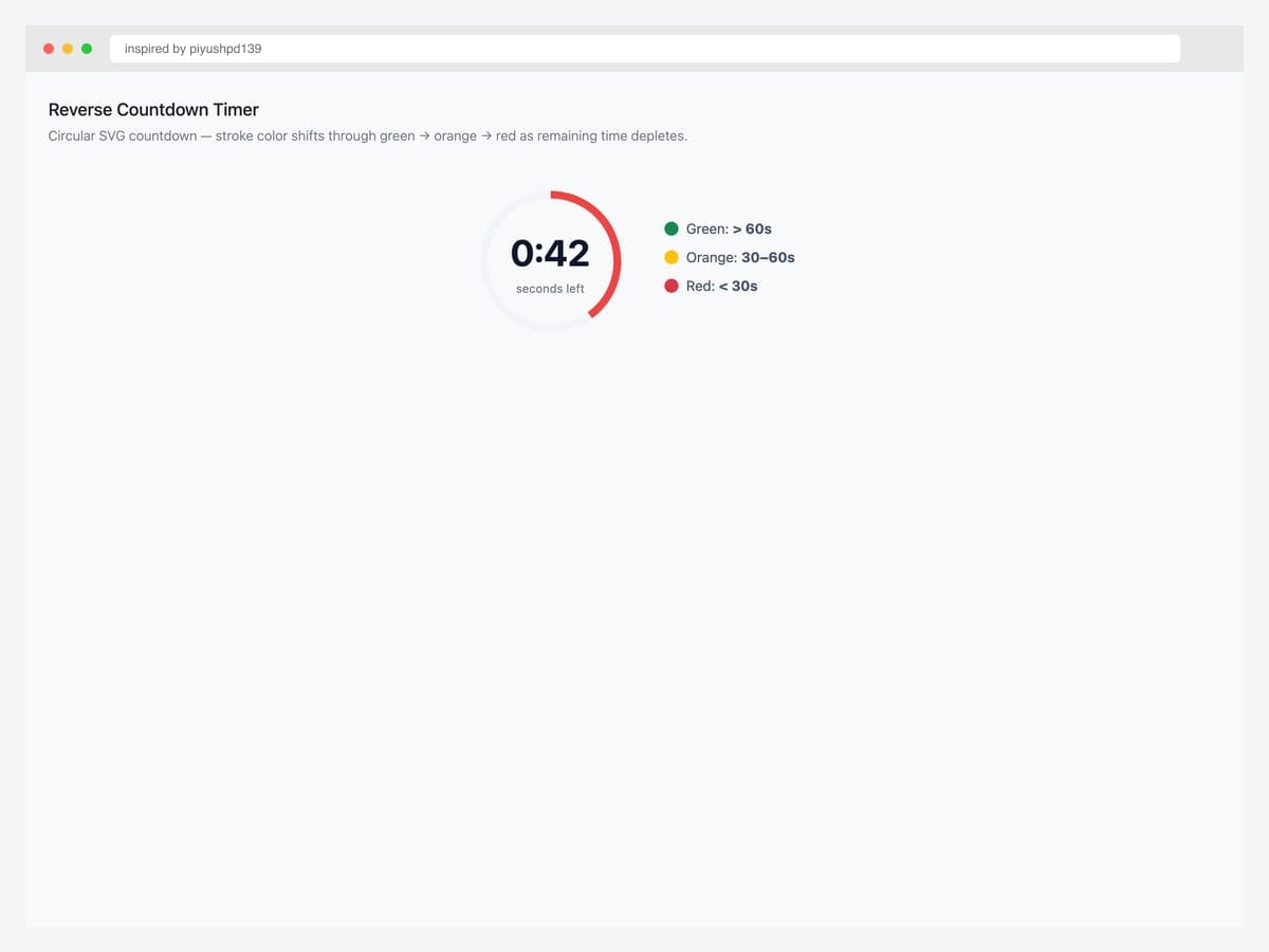 Reverse countdown timer — circular SVG with stroke color transitioning green to orange to red as remaining time depletes