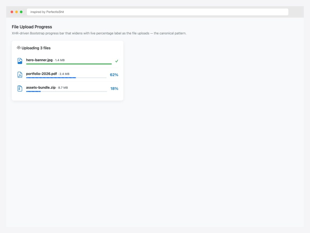 File upload progress — XHR-driven Bootstrap progress bar widening with live percentage label as the file uploads to server