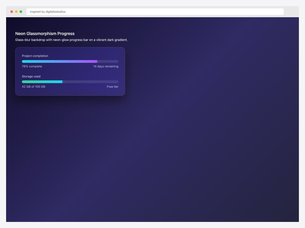 Neon glassmorphism progress bar — frosted glass backdrop with vibrant neon-purple progress fill glowing on a dark productivity-tool background