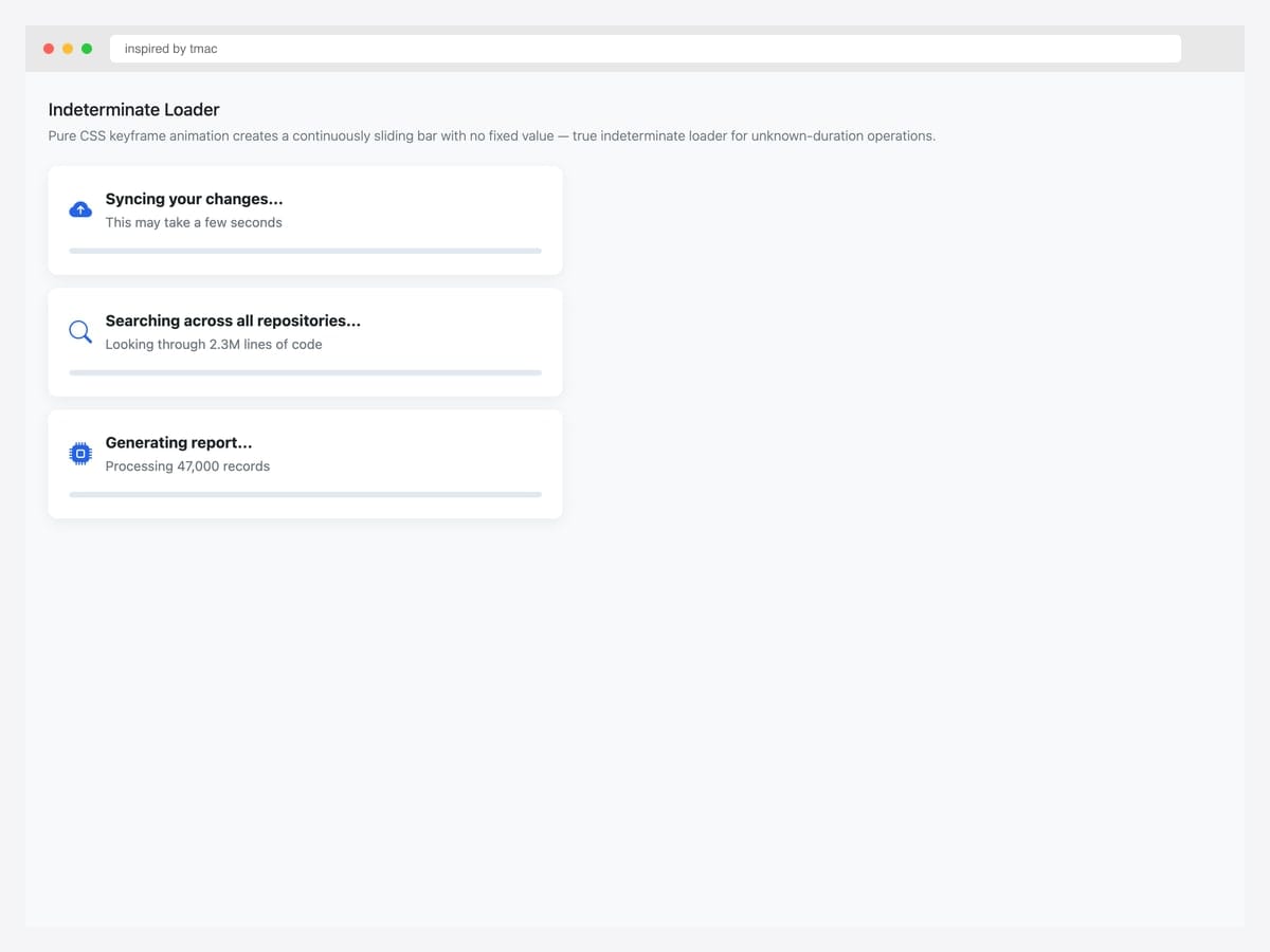 Indeterminate loader — pure-CSS keyframe sliding bar with no fixed value, animating continuously as a true indeterminate progress indicator