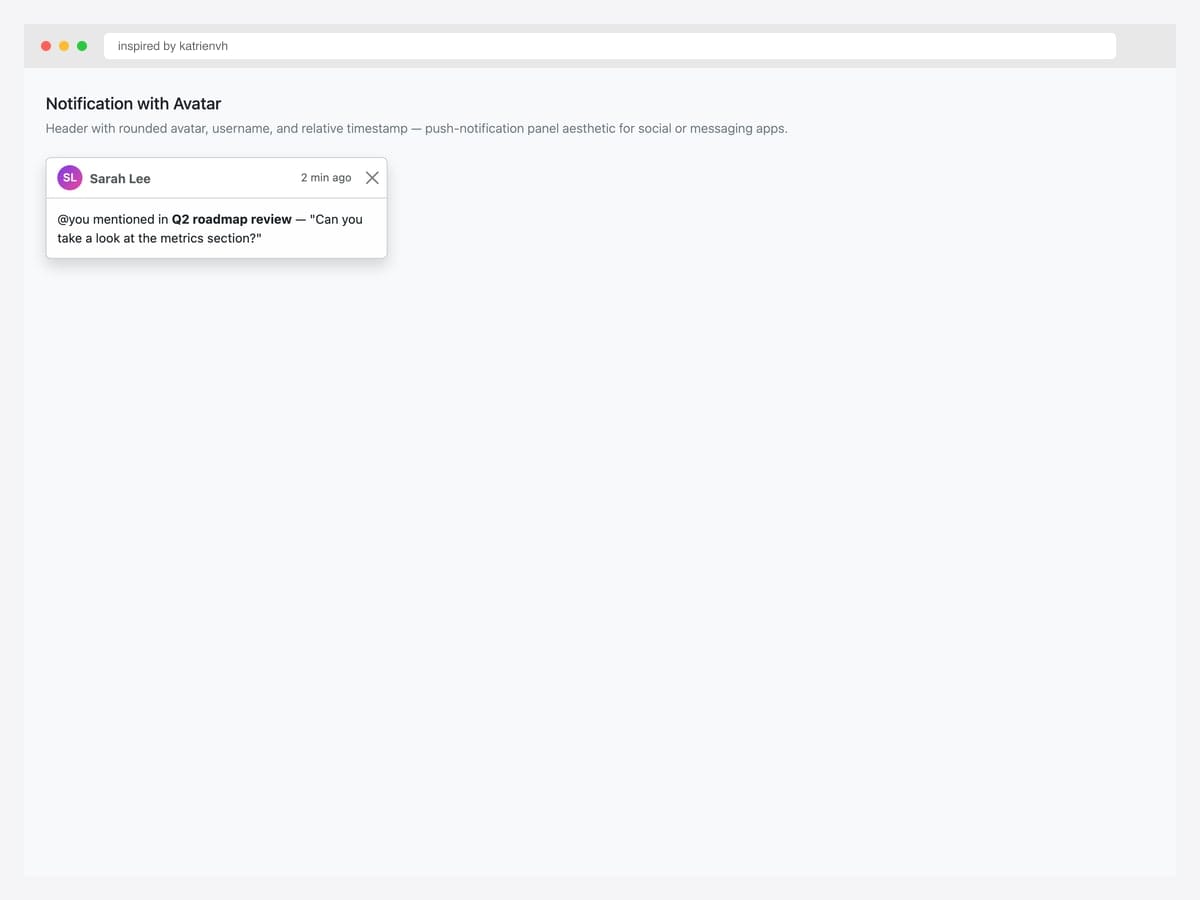 Bootstrap 5 notification toast with avatar — purple-pink gradient circle showing initials "SL", username "Sarah Lee", "2 min ago" timestamp