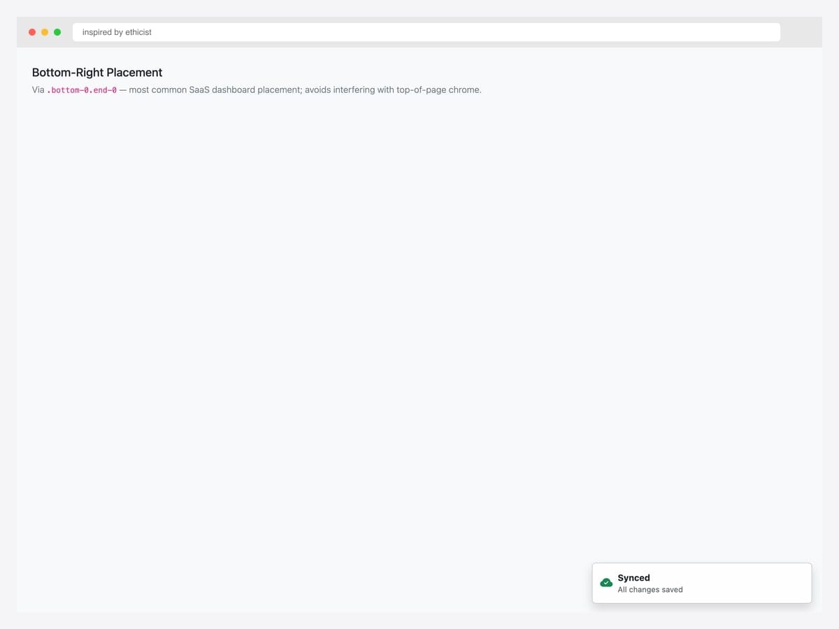 Bottom-right placement demo — white toast with green cloud-check icon, "Synced" header, "All changes saved" subtext in the bottom-right corner