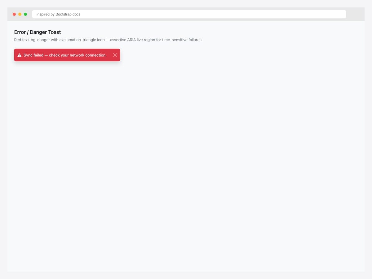 Red Bootstrap 5 danger toast with exclamation-triangle icon and "Sync failed — check your network connection" message
