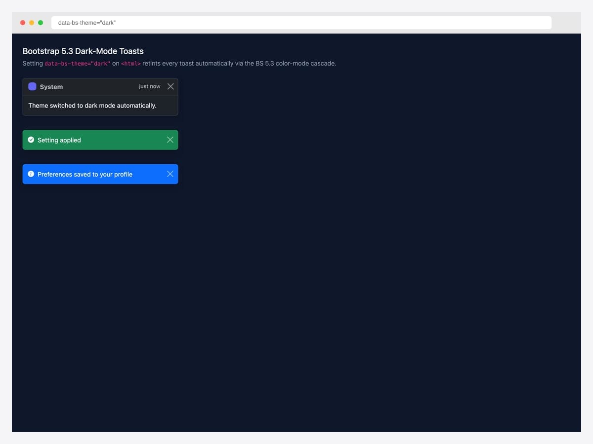 Bootstrap 5.3 dark-mode toasts on a dark navy background — three toasts (System theme switched, green Setting applied, blue Preferences saved)
