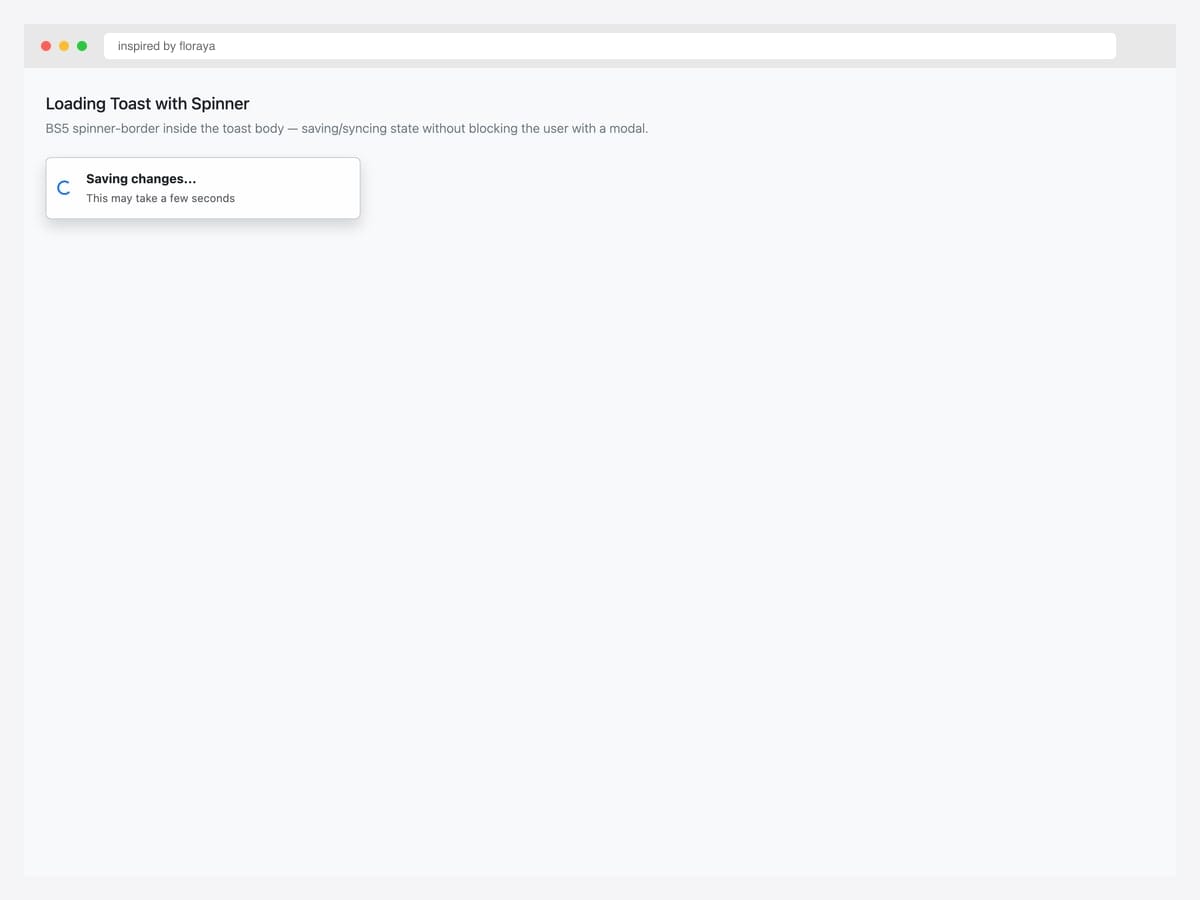 Bootstrap 5 loading toast with a blue spinner-border indicator and "Saving changes..." status text