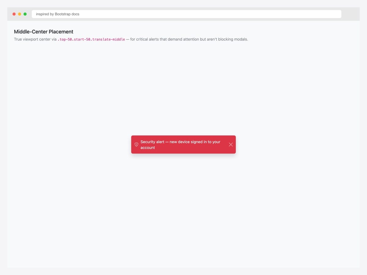 Middle-center placement — red danger toast centered in the viewport with "Security alert — new device signed in to your account" message
