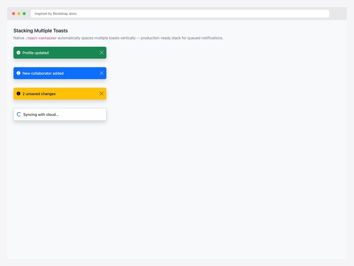 Stack of four Bootstrap 5 toasts — green Profile updated, blue New collaborator, yellow 2 unsaved changes, and white Syncing with spinner
